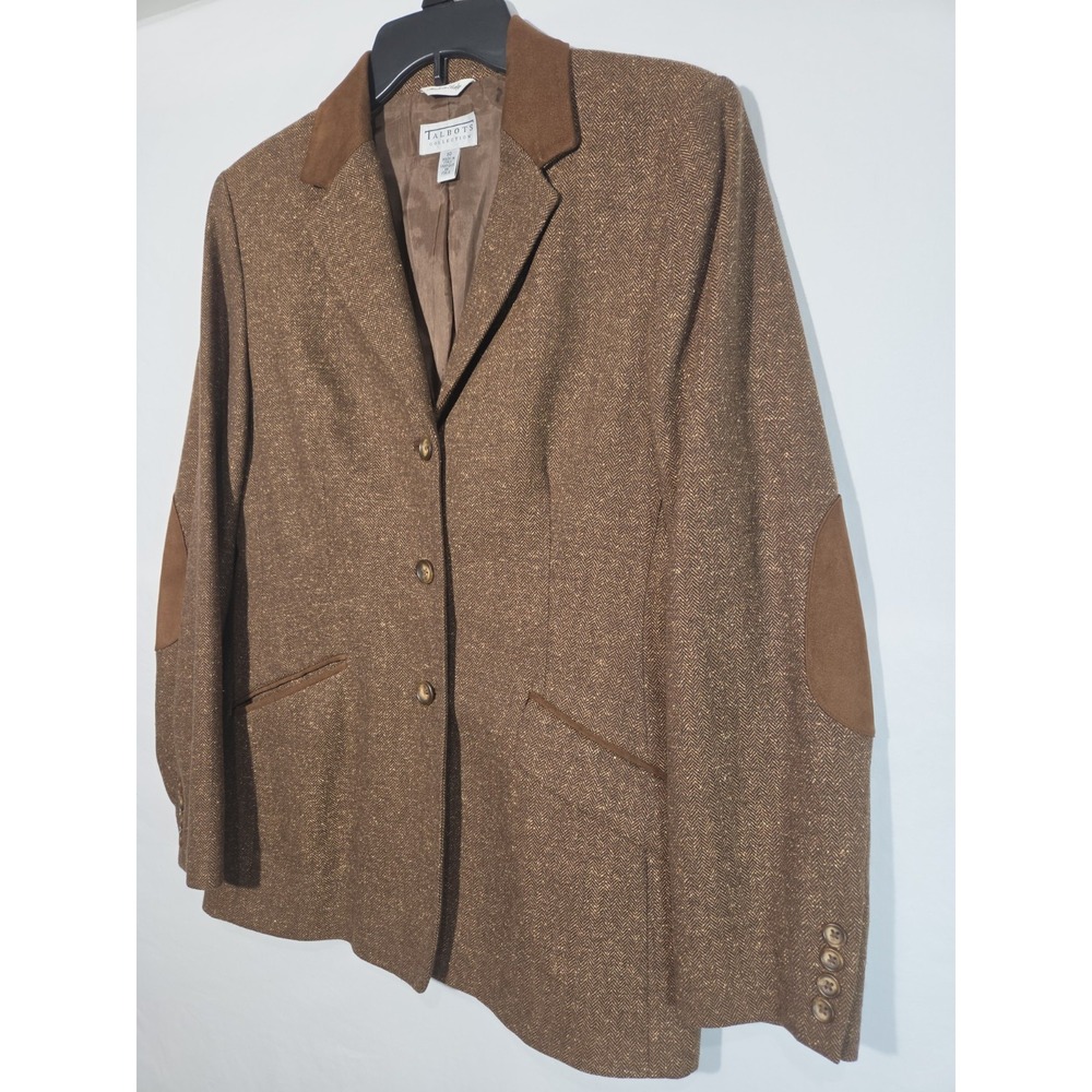 Talbots Collection Italy Wool Silk Herringbone Blazer 10 Brown Suede Elbow Patch